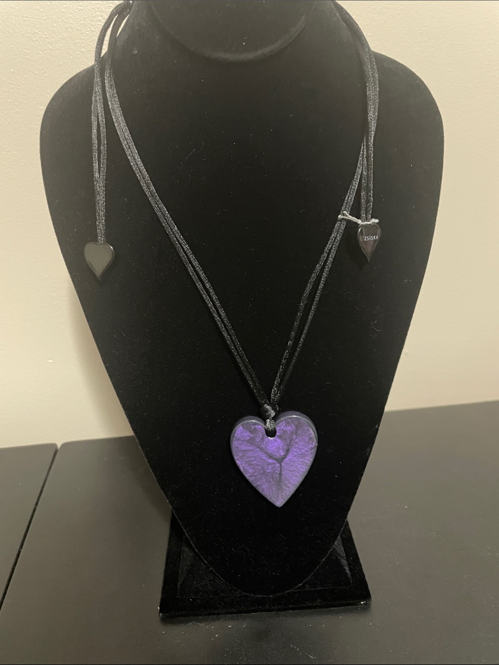 Zsiska Purple Heart Pendant Necklace on Black Cord